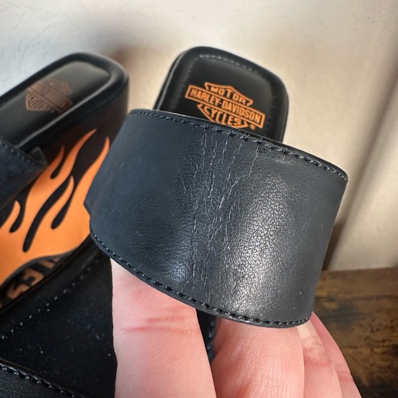 NWT Y2K Harley Davidson Black and Orange Flame Wedge Sandals - Picture 7 of 8